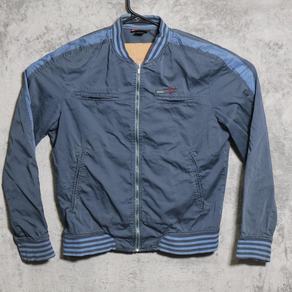 Diesel Jacket Mens Large Blue Bomber Full Zip Cotton Striped Trim Retro Casual